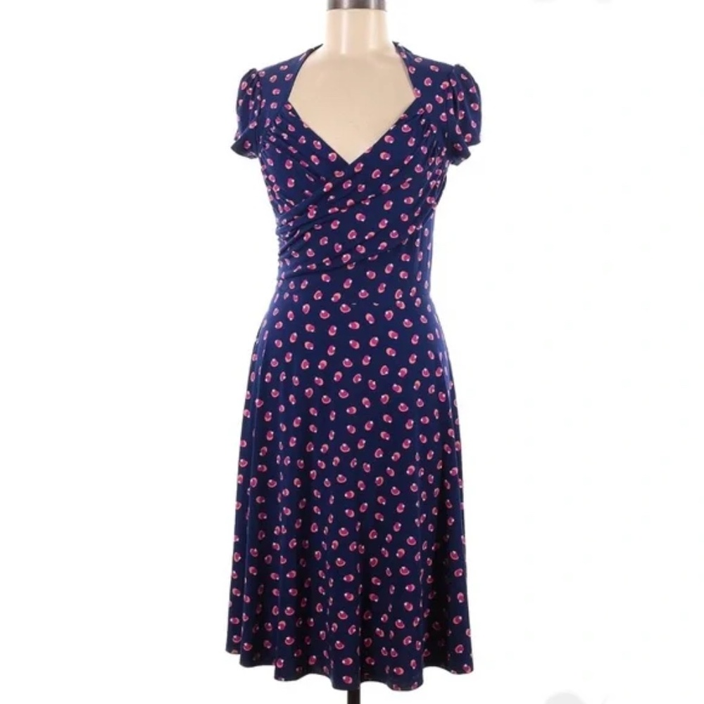Leota Cap Sleeve Sweetheart Neck Navy Pink Dot Dress, size M